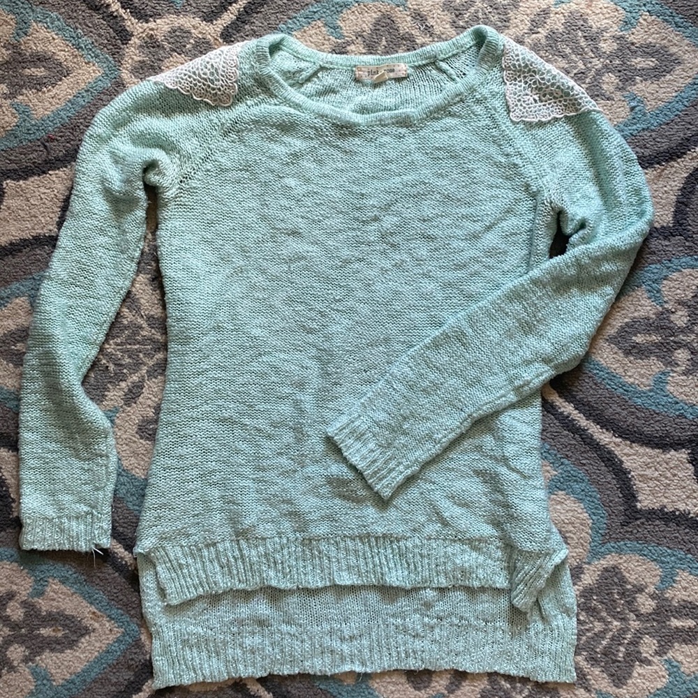 Mint Sweater with Lace Capped Shoulders